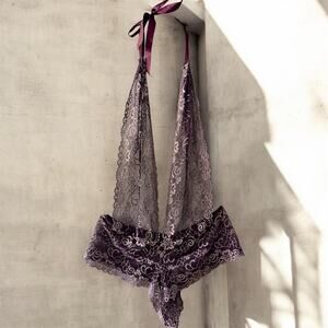Popsi Lingerie Sheer Purple Lace Halter Teddy Bodysuit XL Open Crotch Design